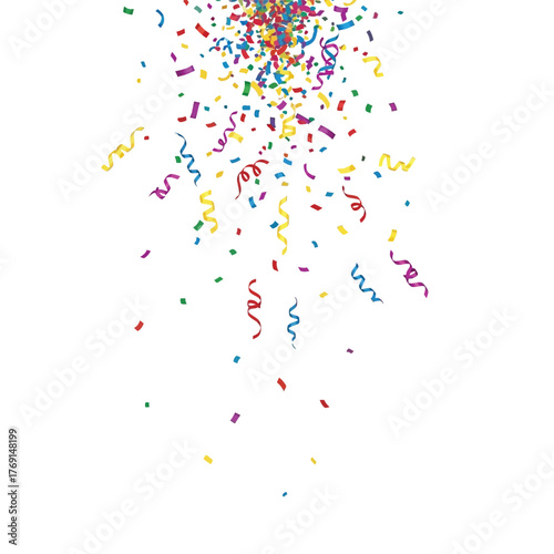 Colorful confetti and streamers falling from above on a white background.