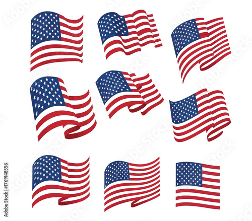 Collection of waving American flags in various styles and sizes.