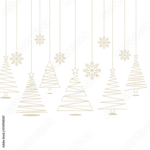 Abstract Christmas trees and snowflakes hang against a white background.