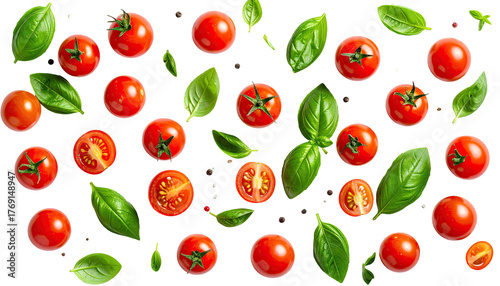 Wallpaper Mural Tomatoes and basil leaves scattered on a black background Torontodigital.ca