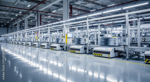 Automated guided vehicles transport materials along a conveyor system in a modern, brightly lit factory.
