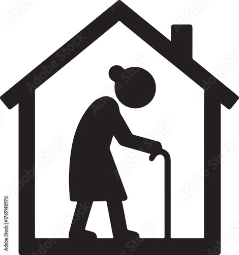 Elderly home symbol with senior inside icon in silhouette style for senior care design.