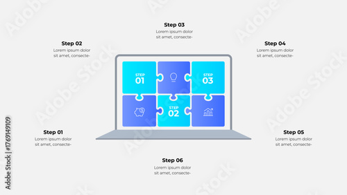Laptop Puzzle Infographic. Digital Business Diagram with Six Steps for Strategy, Innovation, and Teamwork Presentation Concept