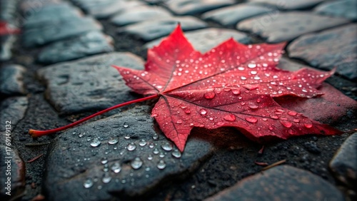 Bright red maple leaf wet with raindrops resting on cobblestone path during autumn afternoon in a tranquil outdoor setting