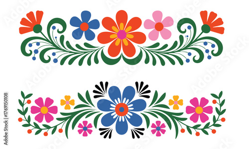 Colorful Folk Art Floral Borders Set, Vibrant Mexican/Slavic Style Flower Garland, Traditional Embroidery/Talavera Style Floral Elements, Brightly Colored Decorative Flower Dividers, vector.