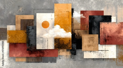 An abstract painting featuring a geometric composition of overlapping rectangular shapes in muted shades of orange red and white against a neutral background