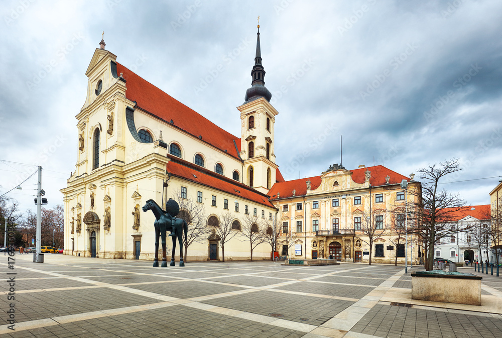 Fototapeta premium Brno - Church of St. Thomas and Moravian Gallery and Equestrian statue of margrave Jobst of Luxembourg, Czech Republic