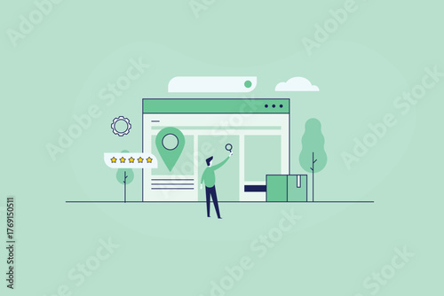 Web platform featuring  local maps visibility, star ratings and advance search, man navigating website.