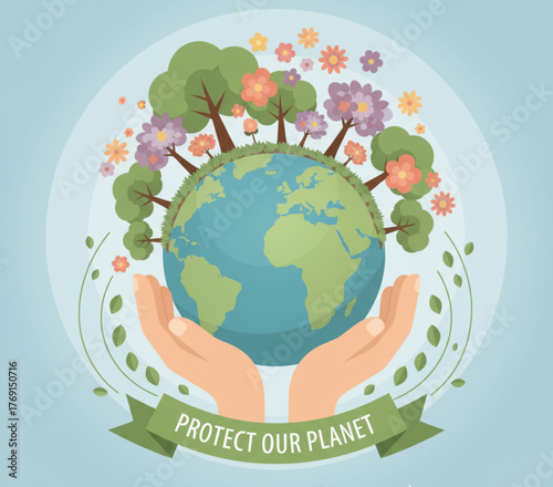 Protect Our Planet A Vibrant Illustration of Earth in Caring Hands and Lush Nature