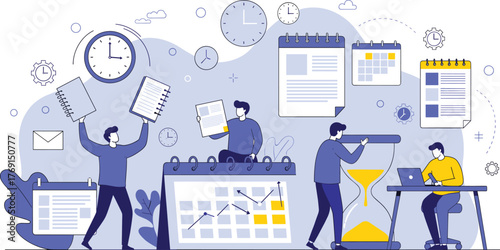 Time management and productivity concept with calendar, clock, planner, hourglass, teamwork, task planning, scheduling, organization, and digital workflow illustration