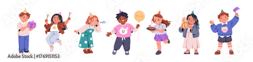 Birthday kids with holiday gift, cake, party hat, balloon, sparklers and blower. Happy children celebrate, set. Girls and boys, celebration fun. Flat vector illustration isolated on white background