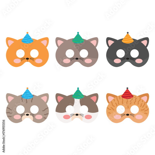 Cute cat birthday mask collection cartoon icon illustration