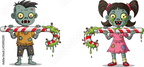 Cartoon zombie kids with slimy candy canes, creepy bugs, spooky expressions, Halloween humor, green slime, funny horror vector illustration