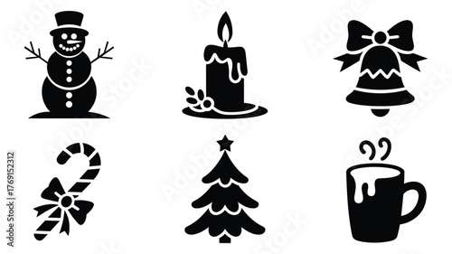 christmas silhouette icon set featuring snowman, candle, bell, candy cane, tree and steaming mug for winter holiday and festive themes