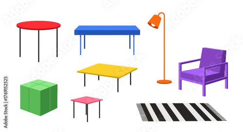 Colorful furniture arrangement including tables chairs lamp and a rug