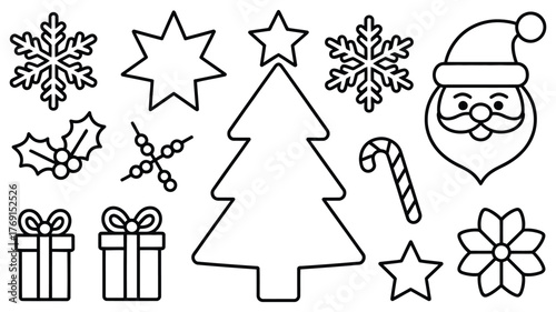 outlined christmas icon set featuring snowflakes, stars, santa face, holly, candy cane, gift boxes, flower and tree for festive design