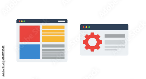 Two web browser windows one with colorful blocks and one with a gear