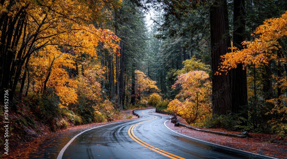 Fototapeta premium Winding road through autumn forest