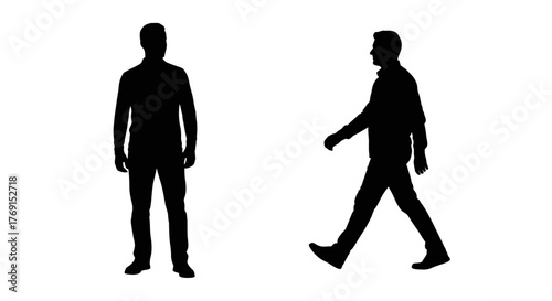 Two male silhouettes one standing still and the other walking forward