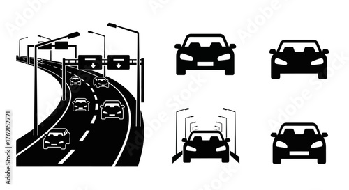 Highway scene with cars streetlights and electronic road signs illustration