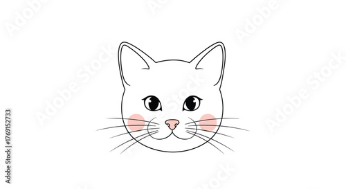 Minimalist drawing of an adorable white cat's face featuring soft pink blush and prominent whiskers on a clean background.