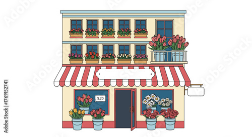 An illustrated multi-story building features a charming flower shop on the ground floor with a striped awning and colorful floral displays.