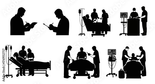 Silhouette images depicting doctors nurses and patients in a hospital setting