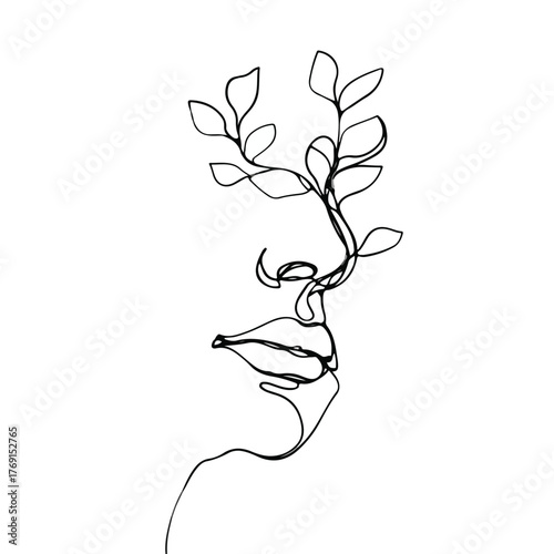Elegant face and flowing vines continuous line