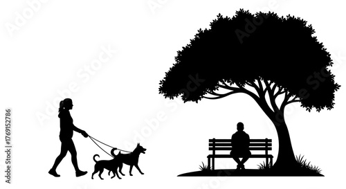 Silhouette of a woman walking her dog near a park bench and tree