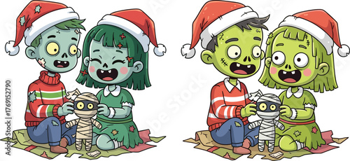 Cartoon zombie children in Santa hats holding mummy doll, festive Christmas holiday illustration with cute undead kids, funny horror theme