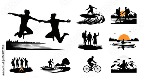 Silhouette collection depicting outdoor activities recreation and joyful summer scenes