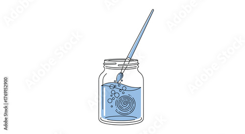 A paintbrush is being cleaned in a glass jar of water, with bubbles and a swirling spiral of pigment, symbolizing the artistic process and creative work.