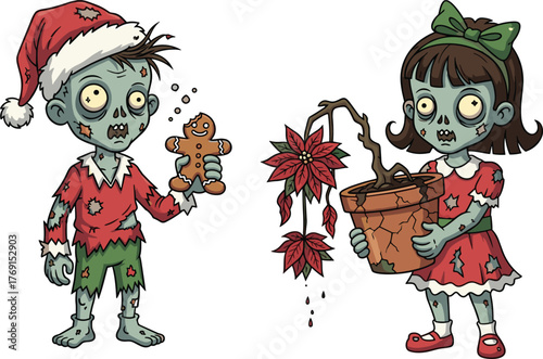 Cartoon zombie children in festive Christmas costumes holding gingerbread cookie and wilted poinsettia, creepy holiday humor vector illustration design