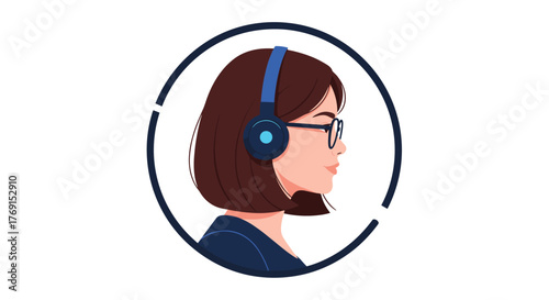 A cartoon illustration of a focused woman with brown bob hair and glasses, wearing blue headphones, looking right within a partially dashed circle.