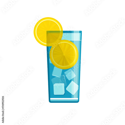 flat 2D icon vector illustrator of lemonade glass with lemon slice and ice cubes