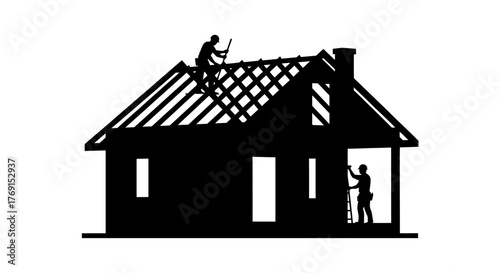 Silhouetted house under construction with workers on the roof and doorway
