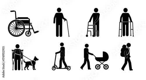 Accessibility symbols depicting people with disabilities and assistive devices