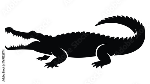 crocodile silhouette icon in side profile with open mouth, sharp teeth, jagged back and curved tail representing wildlife, danger and strength