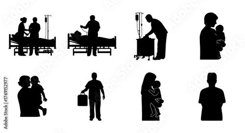Silhouettes depicting healthcare professionals patients and family support