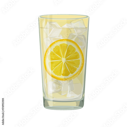 flat 2D icon vector illustrator of lemonade glass with lemon slice and ice cubes