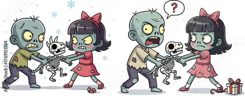 Cartoon zombie children fighting over skeletal dog with holiday gift box in snow, creepy funny horror winter Christmas illustration vector