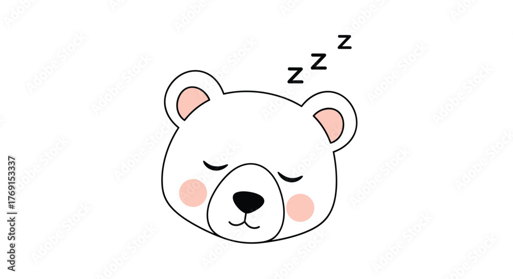 Fototapeta premium A charming cartoon illustration of a sleeping white bear's head, complete with rosy cheeks and Zzz symbols for dreams.