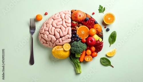 Brain with fruits, concept of healthy living and eating healthy food