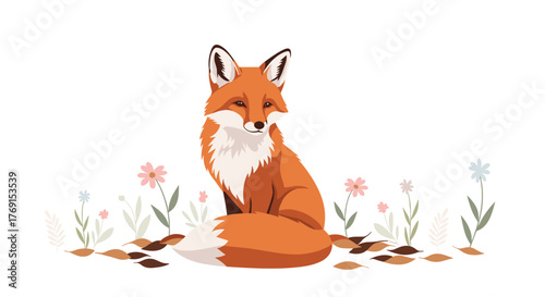 An adorable red fox with a fluffy white chest and tail tip sits gracefully among delicate wildflowers and scattered autumn leaves.