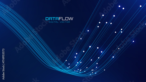 Fiber Optic, Technology, Tech Data Flow and Internet Speed Concept with Glowing Lines on Dark Blue Background. Futuristic Digital Network. Computer Science Concept. Vector Illustration.