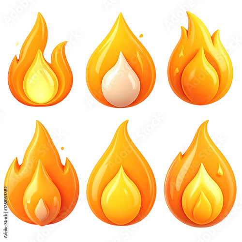 Six cartoon flames in varying shapes/intensities, orange glow