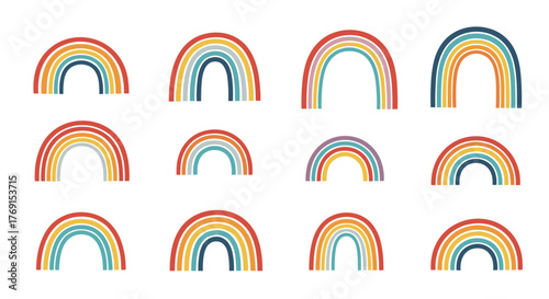 A collection of colorful hand-drawn rainbow illustrations in a muted, earthy color palette, perfect for children's designs or bohemian decor.