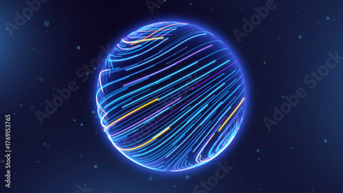 Tech Neon Lines Energy Orb. 3D Sphere Science Globe With Abstract Glowing Lines Representing Microbiology, Cell Research, or Nanotechnology On Dark Blue Background. Vector Illustration.