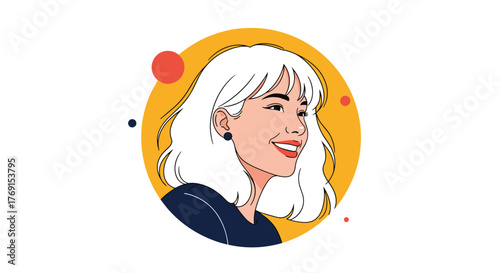 Smiling young woman with white hair and bangs in a yellow circle illustration, perfect for a profile picture.
