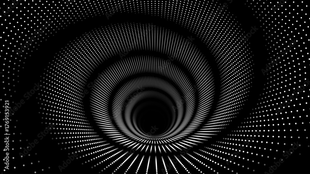 Fototapeta premium 3D Gray Circles Tech Background with Dotted Lines and Optical Illusion Effect. Big Data Visualization in Dark Space. Modern Dots Style Round Tunnel Banner. Vector Illustration.